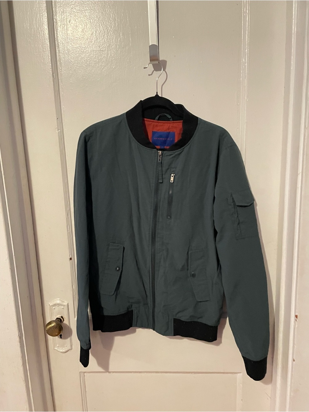 Aeropostale Men's Bomber Jacket in Dark Green with Black Trim